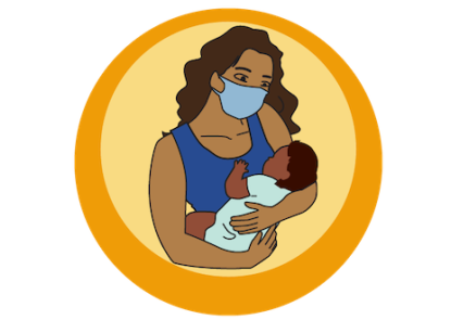 woman holding a baby with mask covering her face